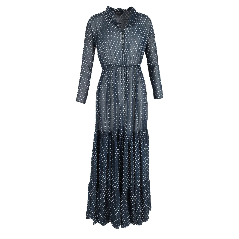 Saloni Polka Dot Print Maxi Long Sleeve Dress in Navy Blue Polyester