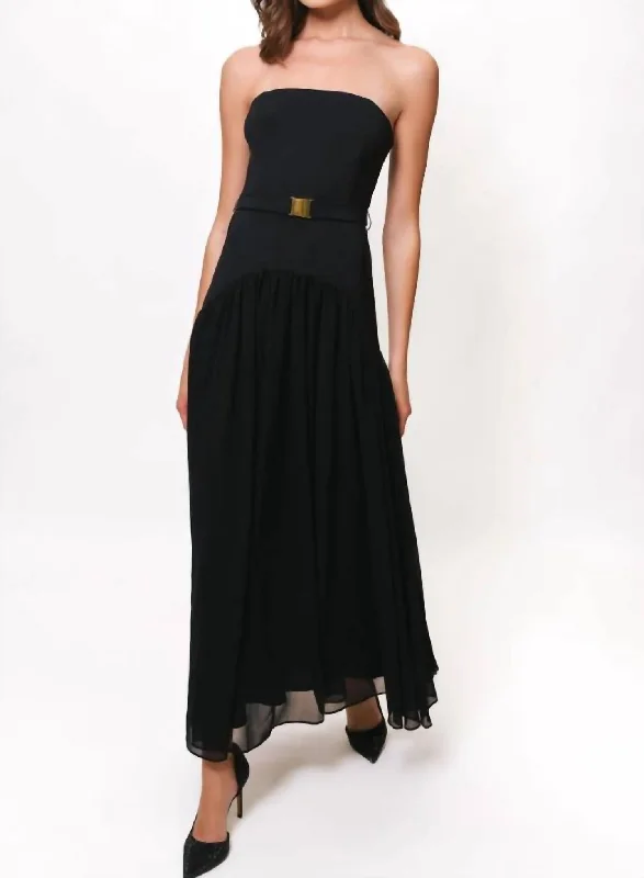 Strapless Drop Waist Combo Maxi Dress In Black