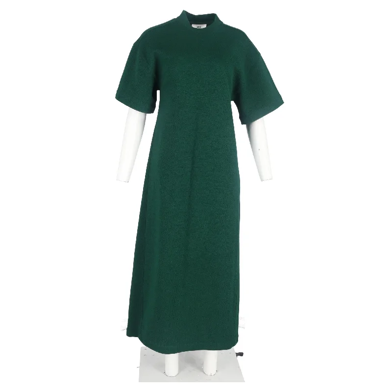 Ami Mock Neck Maxi T-Shirt Dress in Green Cotton