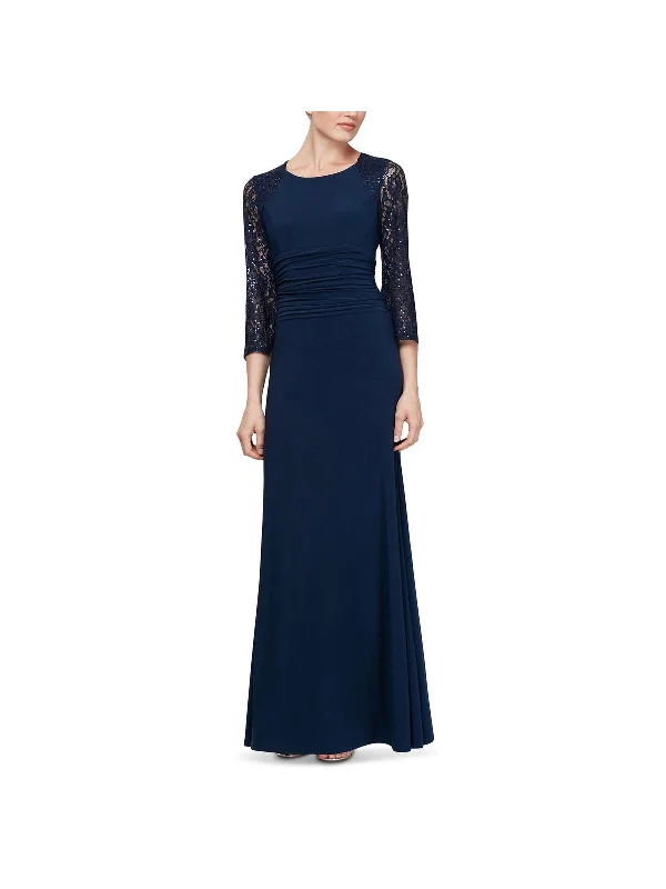 Womens Ruched Lace Evening Dress