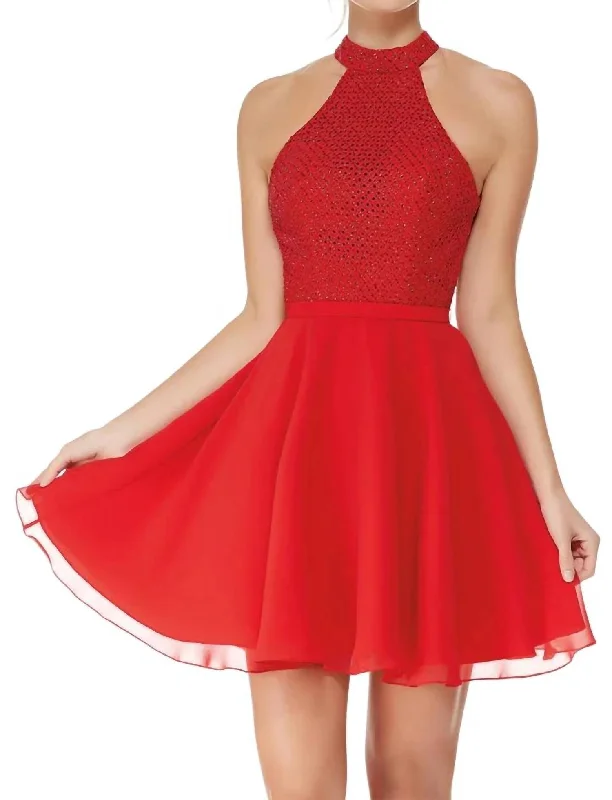 Diamond Lace Halter Mini Dress In Red