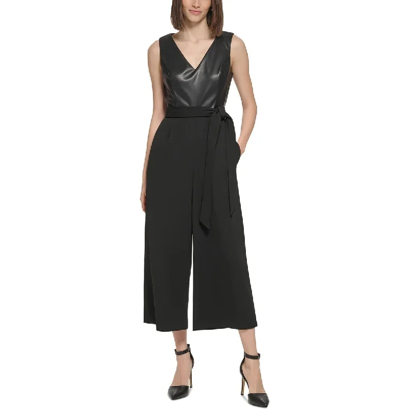 Calvin Klein Womens Mixed Media Faux Leather Jumpsuit